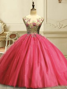 Beauteous Coral Red Sleeveless Appliques and Sequins Floor Length Ball Gown Prom Dress