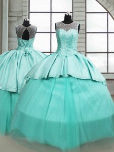Flare Turquoise Sweet 16 Dress Military Ball and Sweet 16 and Quinceanera with Beading Scoop Sleeveless Brush Train Lace