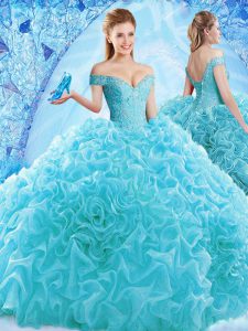 Eye-catching Cap Sleeves Ruffles and Pick Ups Lace Up Quinceanera Gown with Aqua Blue Brush Train