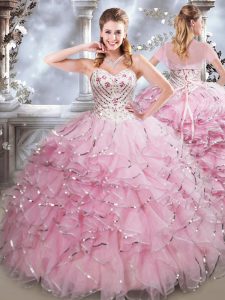Baby Pink Sleeveless Floor Length Beading and Ruffles Lace Up 15th Birthday Dress