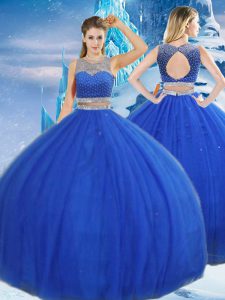 Designer Scoop Sleeveless Sweet 16 Quinceanera Dress Asymmetrical Beading and Sequins Royal Blue Tulle