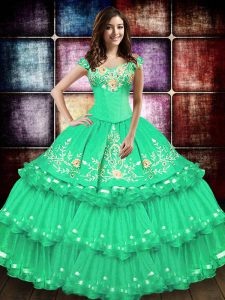 Turquoise Taffeta Lace Up Sweet 16 Dresses Sleeveless Floor Length Embroidery and Ruffled Layers
