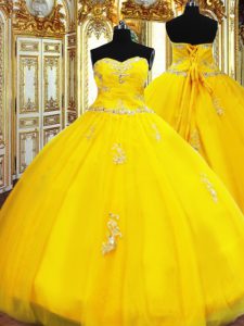 Custom Fit Sweetheart Sleeveless 15 Quinceanera Dress Floor Length Beading and Appliques Gold Organza