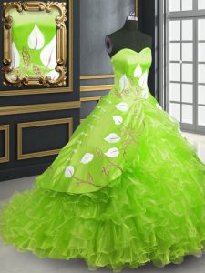 Low Price Lace Up Sweetheart Embroidery Quinceanera Dress Organza Sleeveless Brush Train