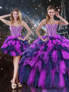 Spectacular Multi-color Organza Lace Up 15 Quinceanera Dress Sleeveless Floor Length Beading and Ruffles and Ruffled Lay