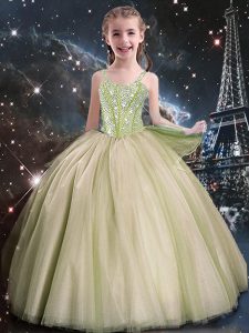 Yellow Green Sleeveless Floor Length Beading Lace Up Pageant Gowns For Girls