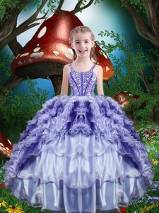 Modern Purple Sleeveless Beading and Ruffles and Ruffled Layers Floor Length Pageant Dress for Teens