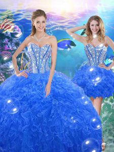 Royal Blue Ball Gowns Beading and Ruffles Quince Ball Gowns Lace Up Organza Sleeveless Floor Length
