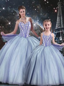 Captivating Lavender Ball Gowns Tulle Sweetheart Sleeveless Beading Floor Length Lace Up Vestidos de Quinceanera