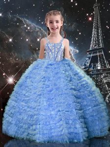 Baby Blue Sleeveless Beading and Ruffled Layers Floor Length High School Pageant Dress