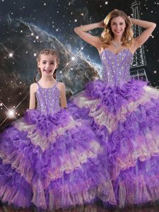 Multi-color Sleeveless Floor Length Beading and Ruffled Layers and Sequins Lace Up Quince Ball Gowns