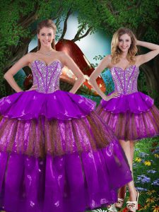 Sweetheart Sleeveless Sweet 16 Dress Floor Length Beading and Ruffled Layers and Sequins Multi-color Organza