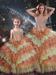 Organza Sleeveless Floor Length Sweet 16 Dresses and Beading and Ruffled Layers and Sequins