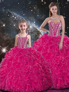 High End Hot Pink Quinceanera Dresses Military Ball and Sweet 16 and Quinceanera with Beading and Ruffles Sweetheart Sle