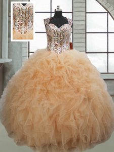 Champagne Organza Lace Up Sweetheart Sleeveless Floor Length Quinceanera Gowns Beading and Ruffles
