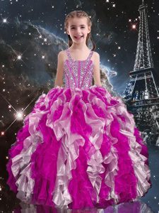 Super Fuchsia Ball Gowns Beading and Ruffles Little Girls Pageant Dress Lace Up Organza Sleeveless Floor Length