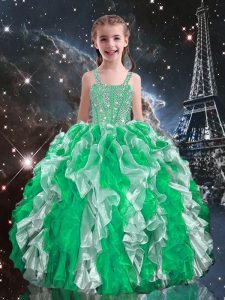 Fancy Green Organza Lace Up Little Girl Pageant Dress Sleeveless Floor Length Beading and Ruffles