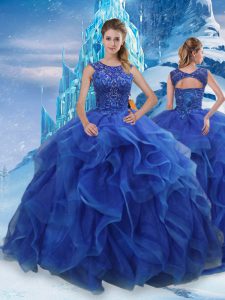 Beauteous Sleeveless Organza Floor Length Lace Up Sweet 16 Dress in Blue with Beading and Ruffles