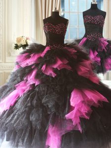 Sweetheart Sleeveless Lace Up Quinceanera Gown Pink And Black Tulle