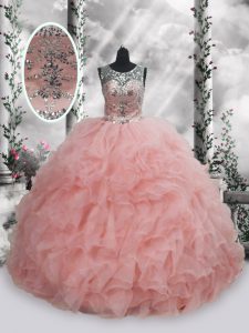 Artistic Baby Pink Quince Ball Gowns Military Ball and Sweet 16 and Quinceanera with Beading and Ruffles Scoop Sleeveles