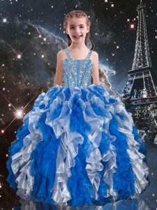 Blue Sleeveless Floor Length Beading and Ruffles Lace Up Little Girls Pageant Gowns