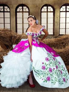 Multi-color Ball Gowns Off The Shoulder Sleeveless Taffeta Floor Length Lace Up Embroidery and Ruffled Layers Sweet 16 Q
