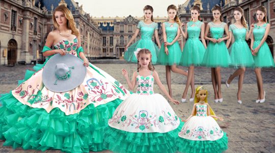 Turquoise Sweetheart Lace Up Embroidery and Ruffled Layers Sweet 16 Quinceanera Dress Sleeveless