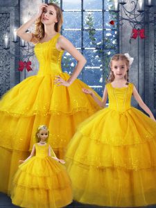 Custom Design Floor Length Lace Up Vestidos de Quinceanera Gold for Military Ball and Sweet 16 and Quinceanera with Ruff