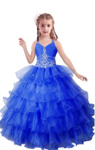 Blue Ball Gowns V-neck Sleeveless Organza Floor Length Zipper Beading and Ruffled Layers Little Girls Pageant Gowns