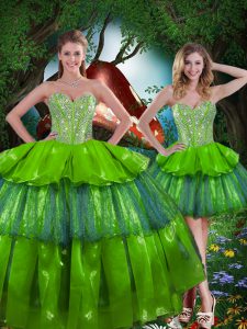 Sleeveless Floor Length Beading and Ruffled Layers Lace Up Sweet 16 Dresses with Olive Green