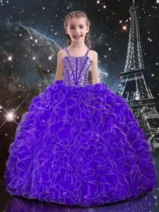 Fancy Floor Length Lace Up Little Girl Pageant Dress Eggplant Purple for Quinceanera and Wedding Party with Beading and 