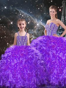 Sleeveless Organza Floor Length Lace Up Vestidos de Quinceanera in Eggplant Purple with Beading and Ruffles
