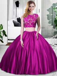 Fuchsia Scoop Neckline Lace and Ruching Sweet 16 Dress Sleeveless Zipper