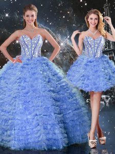 High Class Blue Tulle Lace Up 15 Quinceanera Dress Sleeveless Floor Length Beading and Ruffled Layers