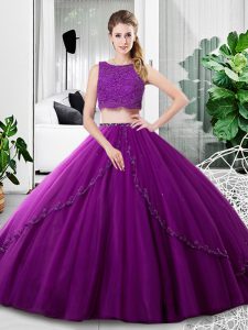 Traditional Floor Length Purple Ball Gown Prom Dress Tulle Sleeveless Lace and Ruching