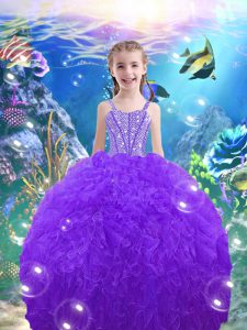 Dramatic Floor Length Eggplant Purple Pageant Dress for Teens Straps Sleeveless Lace Up