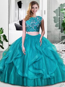 Captivating Teal Sleeveless Tulle Zipper 15th Birthday Dress for Military Ball and Sweet 16 and Quinceanera