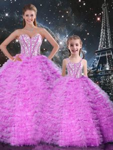 Enchanting Fuchsia Tulle Lace Up Sweetheart Sleeveless Floor Length Ball Gown Prom Dress Beading and Ruffles