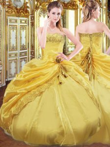 Gold Sleeveless Floor Length Beading and Pick Ups Lace Up Vestidos de Quinceanera