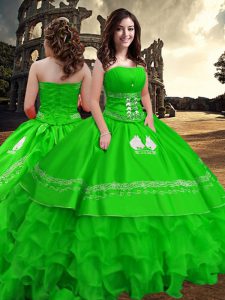 Green Ball Gowns Strapless Sleeveless Taffeta Floor Length Zipper Embroidery and Ruffled Layers Quinceanera Gown