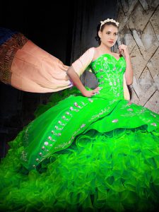 Organza Sweetheart Sleeveless Brush Train Lace Up Embroidery and Ruffles Quinceanera Dress in Green
