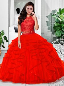 Fashion Red Tulle Zipper Halter Top Sleeveless Floor Length 15th Birthday Dress Lace and Ruffles