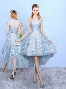 Light Blue A-line Tulle and Printed Scoop Sleeveless Appliques High Low Zipper Bridesmaid Dresses