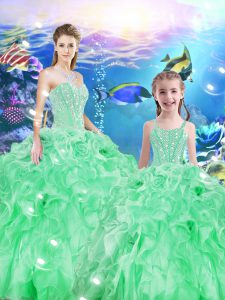 High Quality Apple Green Ball Gowns Beading and Ruffles Quinceanera Dress Lace Up Organza Sleeveless Floor Length
