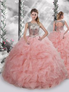 Custom Fit Beading and Ruffles 15 Quinceanera Dress Baby Pink Lace Up Sleeveless Floor Length