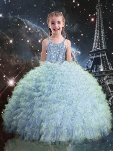 Light Blue Ball Gowns Organza Straps Sleeveless Beading and Ruffles Floor Length Lace Up Little Girl Pageant Dress