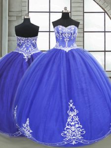 Blue Sleeveless Floor Length Appliques Lace Up Vestidos de Quinceanera