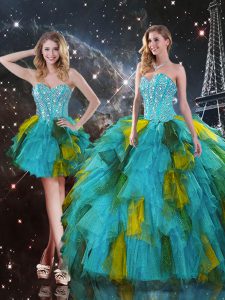 Decent Multi-color Three Pieces Sweetheart Sleeveless Tulle Floor Length Lace Up Beading and Ruffles 15th Birthday Dress