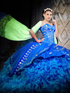 Royal Blue Ball Gowns Organza Off The Shoulder Sleeveless Embroidery and Ruffles Lace Up Ball Gown Prom Dress Brush Trai
