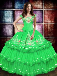 Excellent Green Sweet 16 Quinceanera Dress Military Ball and Sweet 16 and Quinceanera with Embroidery and Ruffled Layers